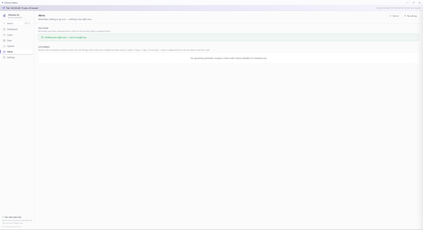 Alerts tab — due and upcoming reminders