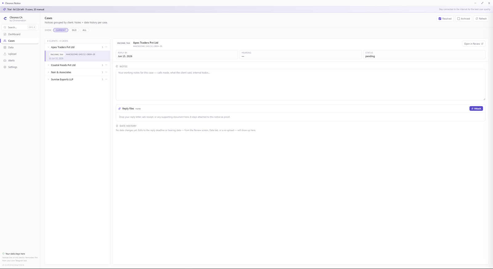 Cases tab — notices grouped by client, with notes and reply files
