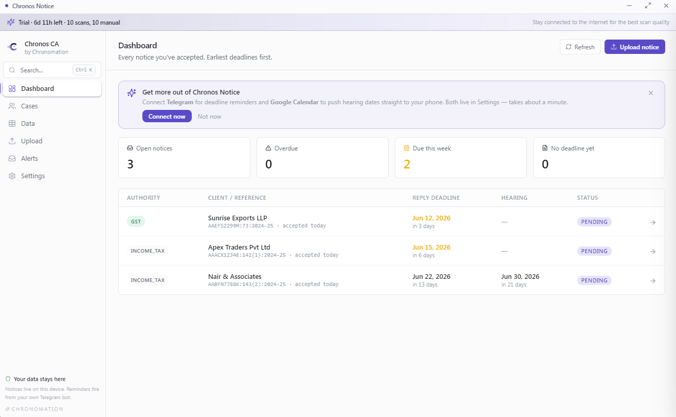 Chronos Notice dashboard on first run, trial countdown chip at the top