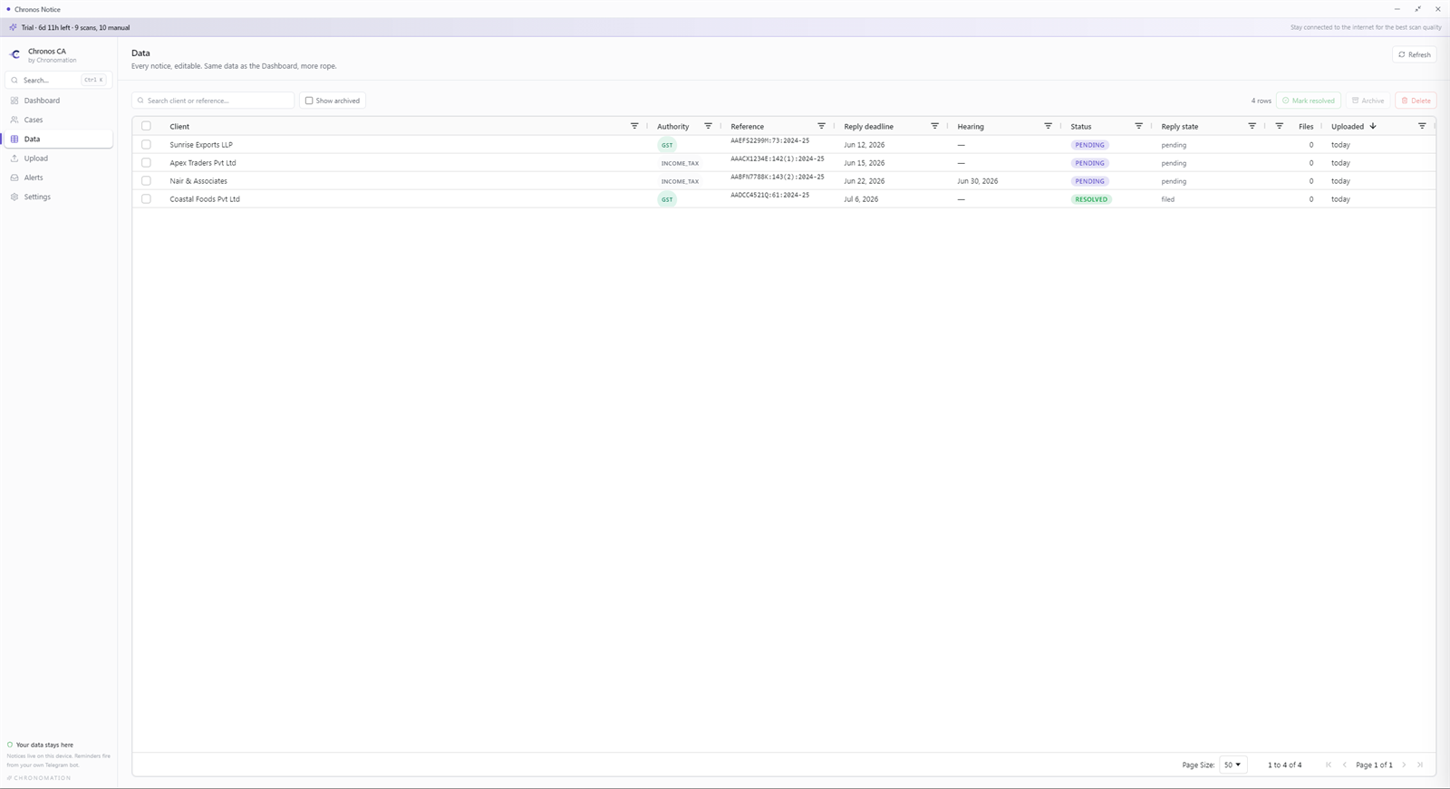 Data tab — Excel-style grid of every notice