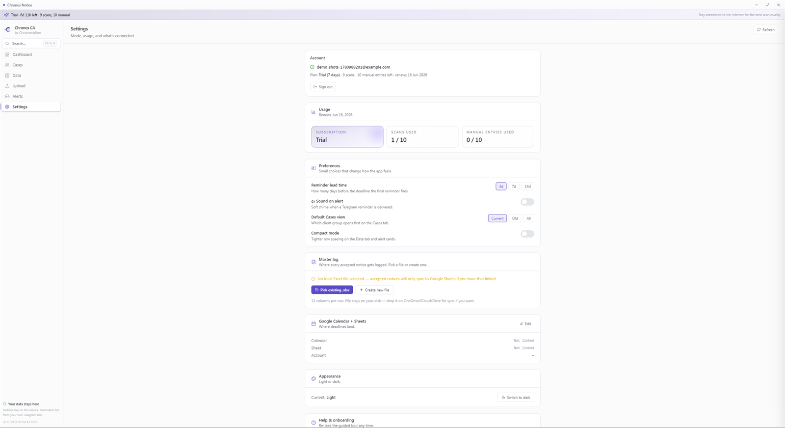 Settings tab — usage, account, and integrations