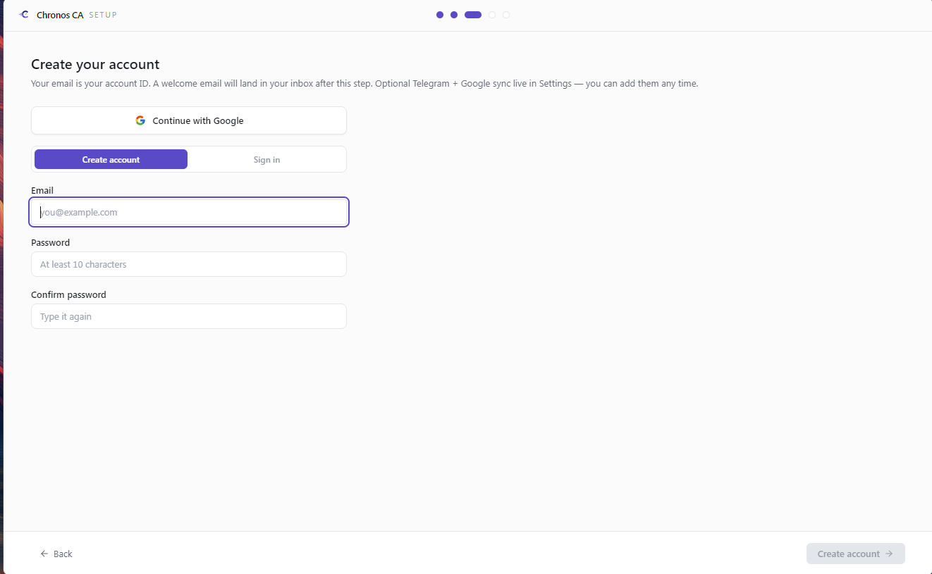 Setup wizard — create your account, Continue with Google or email + password